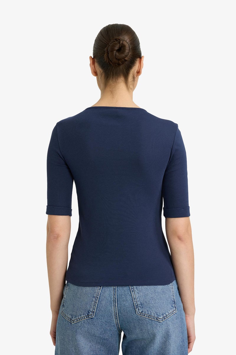 DeFacto Blue Woman Slim Fit Crew Neck Ribbed T-Shirt Casual - Image 5